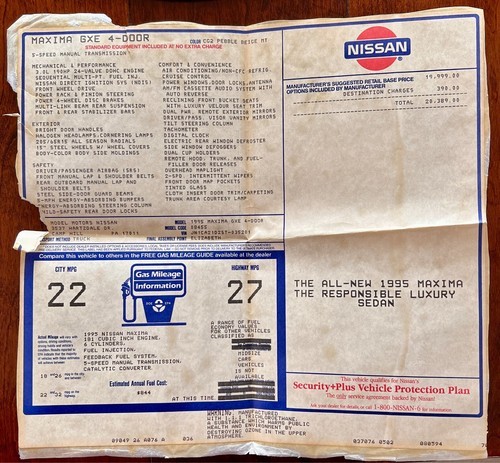 Nissan Máxima GXE 1995 etiqueta Monroney - Imagen 1 de 3