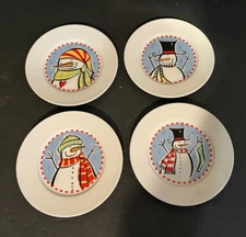 Set Of 4 Kathryn Beich Snowman Plates in Original Box - 6" Diameter Nice!