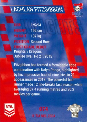 Signed 2019 NEWCASTLE KNIGHTS NRL Card LACHLAN FITZGIBBON - Imagen 2 de 2
