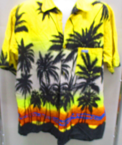 Tees Hawaiian Style Shirt, S/S, 2XL, Yellow w/Palm Trees & Island Sunset
