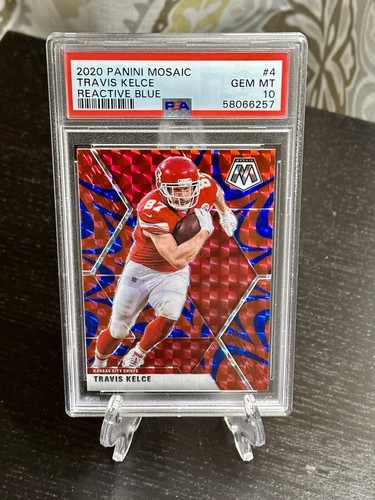 Travis Kelce Chiefs 2020 Panini Mosaic Reactive Blue Prizm PSA 10 GEM MINT POP 6 - Picture 7 of 13