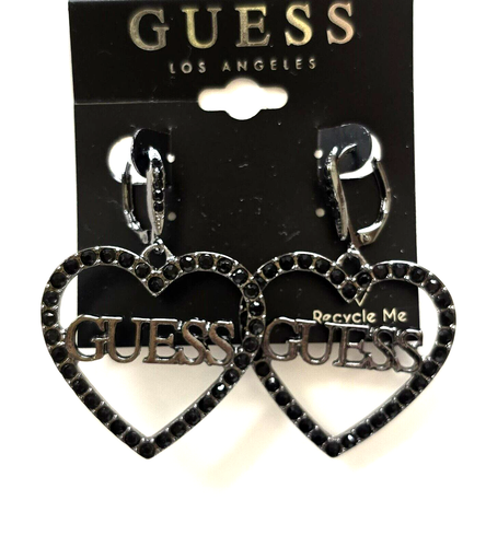 Nuovo Guess Nero Cristallo Strass Forma Cuore Logo Orecchini Pendenti - Foto 3 di 5