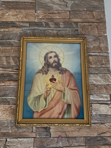 Sacred Heart Jesus Vintage Watercolor Hand Drawn Framed Religious 1950 Rare⭐ - Picture 2 of 10