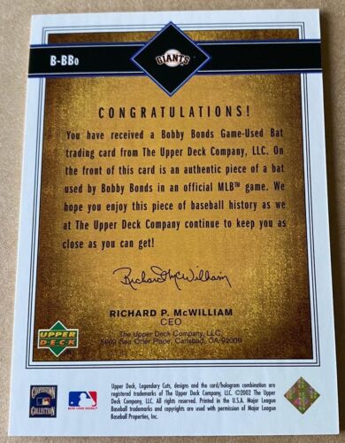 BOBBY BOND 2002 UD SP LEGENDARY CUTS GU BAT Card #B-BBo Nuova Condizione MT - Foto 2 di 2