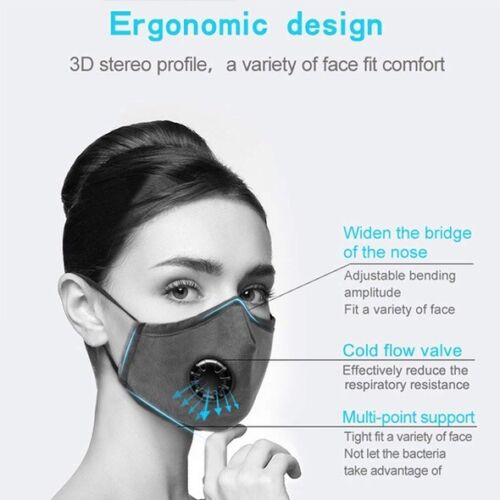 2 COTTON FACE MASKS WASHABLE WITH VALVE & PM2.5 FILTERS - ACTIVATED CARBON 2pc - Picture 8 of 9