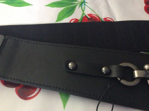 Women's Sz S Stretchy Belt Vintage Wide 22-25” LEATHER OVER ELASTIC NWT NOS Vint - Picture 6 of 11