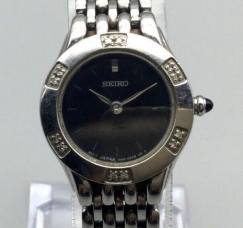 Seiko Diamond Watch Women 21mm Silver Tone Black Dial 1N00-0KL0 New Battery 6"