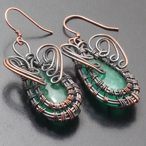 Emerald Quartz Gemstone Ethnic Wire Wrapped Earrings 2.2" Jewelry G10167