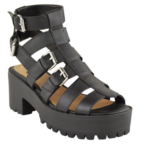 Womens Ladies Cut Out Gladiator Strappy Platform Chunky High Heel Sandal Shoes - Picture 2 of 7