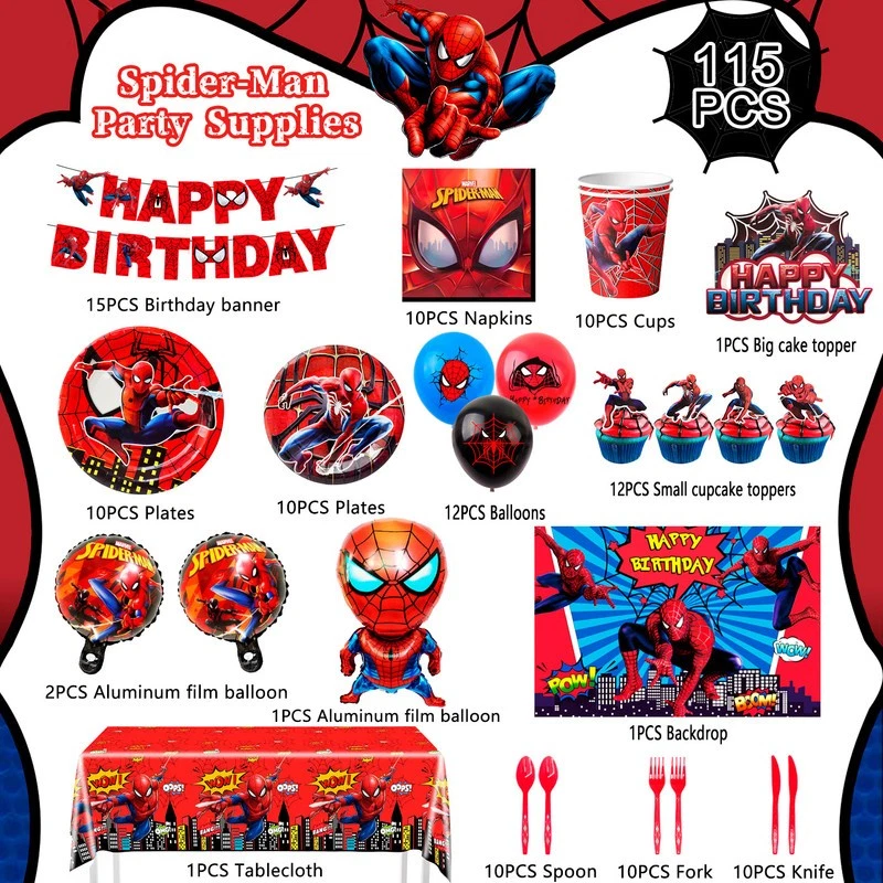 115 Piezas Spiderman Fiesta Decoración Marvel Cumpleaños Suministros Globos Vajilla Foto 2 de 4