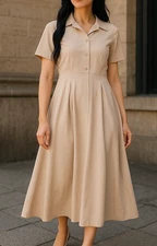 RAREISM Enbarry Beige Maxi Shirt Dress Women’s Size M | Button Front A-Line Midi