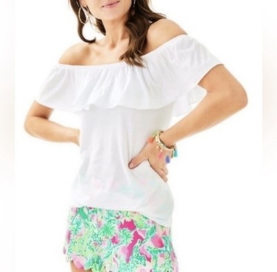 Lilly Pulitzer Y2K Fortuna Ruffle Off Shoulder Top cotton blend White XS A008355