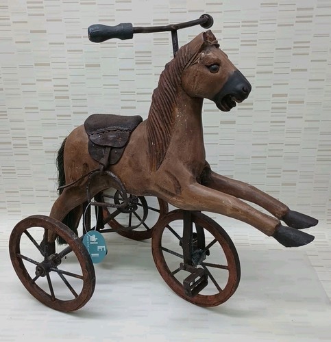 VTG Folk Art Hand Painted & Carved Wooden and Metal Horse Tricycle Decor Leather