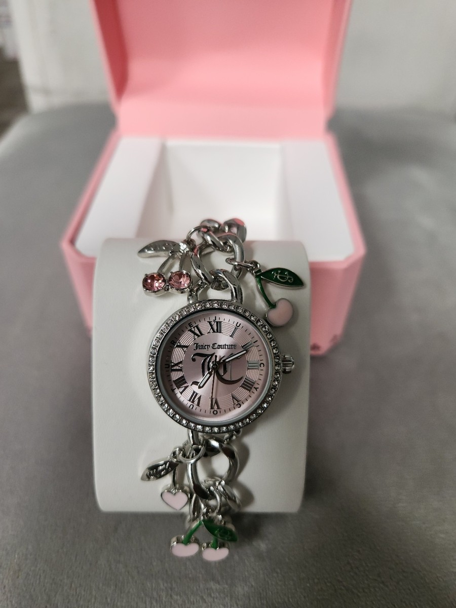 JUICY COUTURE CHERRY HEARTS CHARM RHINESTONES CHAIN ANALOG WATCH