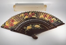 Hand Painted Floral Spanish Abanico Fan Made in Spain Pierced Wood VTG
