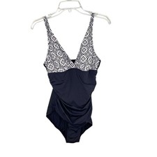 JANTZEN Classics Women  s Black White Tan Paisley One Piece Swimsuit Ruched Sz 12