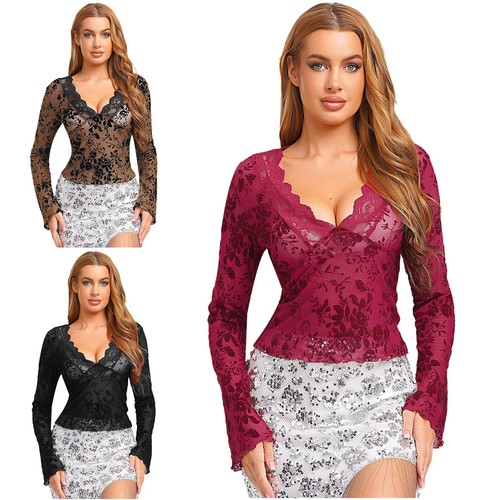 Women Lace Trim Crop Tops Long Flare Sleeve Going Out Tops Cute Blouse Tee Shirt - Bild 3 von 45