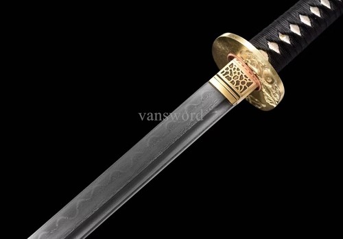 Japanisches Katana Damast gefalteter Stahl Ton gehärtetes Messing Tsuba Schwert Full Tang - Bild 4 von 11