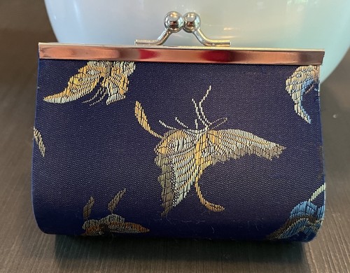 Blue Chinese Brocade Embroidered Butterfly Coin purse - Kiss Lock & Silver Chain - Picture 15 of 19