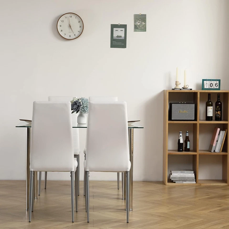 5-Piece Dining Table Set Glass Dining Table Pu Leather Chairs, Modern Silver Set - Image 4 of 4