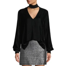 BAILEY 44 Black Velvet Choker V-Neckline Balloon Sleeve Blouse Top Shirt Size S