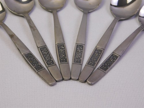 Set Of 6 Rose Stainless Steel Japan Demitasse Spoons Vintage MCM - Picture 2 of 6