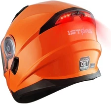 Glossy Orange Flip up Modular Full Face Motorcycle Helmet Dual Visor LED DOT