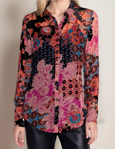 Johnny Was XXL Burnout Silk & Velvet Blouse Pink & Red Button Up Tunic Top BOHO - Picture 4 of 15