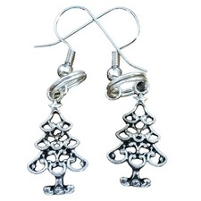 Handcrafted Silvertone Christmas Tree Dangle Earrings Jewelry