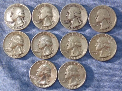Lot of 10 - Washington Silver Quarters Circulated -  1939-1964 - P&D   AS51