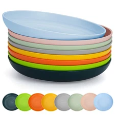 9 Inch Plastic Deep Dinner Plates Set of 8 Colors, Reusable and Sturdy Unbrea...