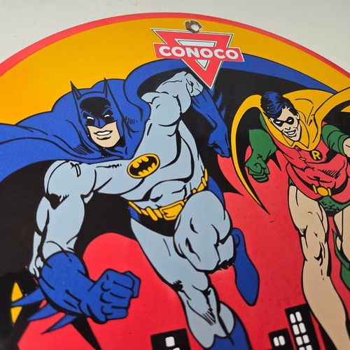 Vintage Conoco Gasoline Porcelain Sign - Batman Robin N-Tane Comic Gas Pump Sign - Picture 4 of 14
