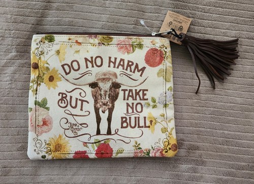 Junk Gypsy Do No Harm But Take No Bull Pouch Make Up Bag Faux Leather Tassle - Picture 8 of 15