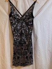 Black sequin party dress Express womens size L strappy low back scalloped hem