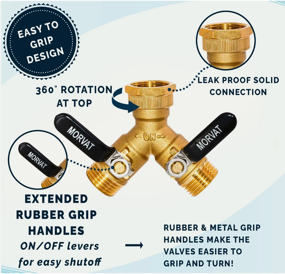 Paquete de 2 divisores de manguera de jardín de 2 vías de latón Morvat - resistente con asas de goma Foto 3 de 4