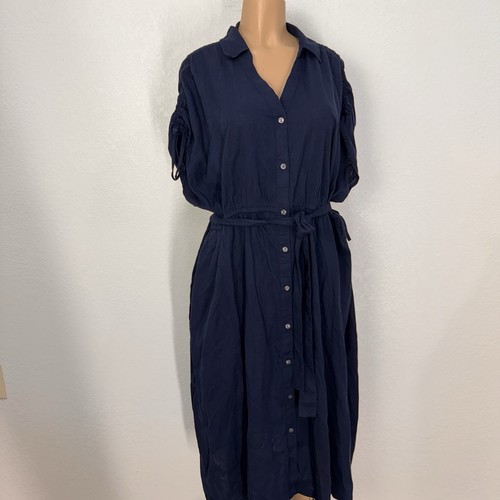 Terra Sky Blue With Linen A Shirt Dress Womens Size XXL Casual Pockets Tie Waist - Picture 9 of 16