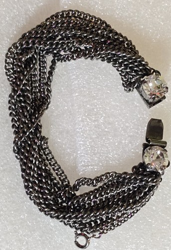 Vintage signed MIMI Clear Rhinestones Black Enamel Multi Chain Hinged Bracelet - Picture 5 of 14