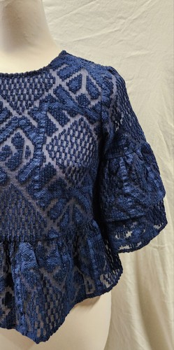 KOOKAI sz XS / 6 / 34 Applique TOP BOHO PATTERN Jacquard RUFFLE Blouse #D3 - Picture 4 of 9