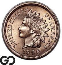 1906 Indian Head Cent Penny, Lustrous Red Gem