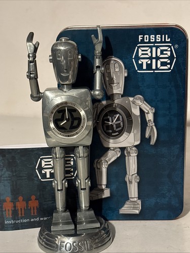Fossil Stan BIG TIC  Robot Man  Clock Rare Vintage Tin Instructions Working