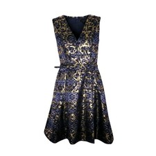 Vince Camuto V-Neck Fit Flare Dress Sz 4 Metallic Gold Navy Jacquard Cocktail
