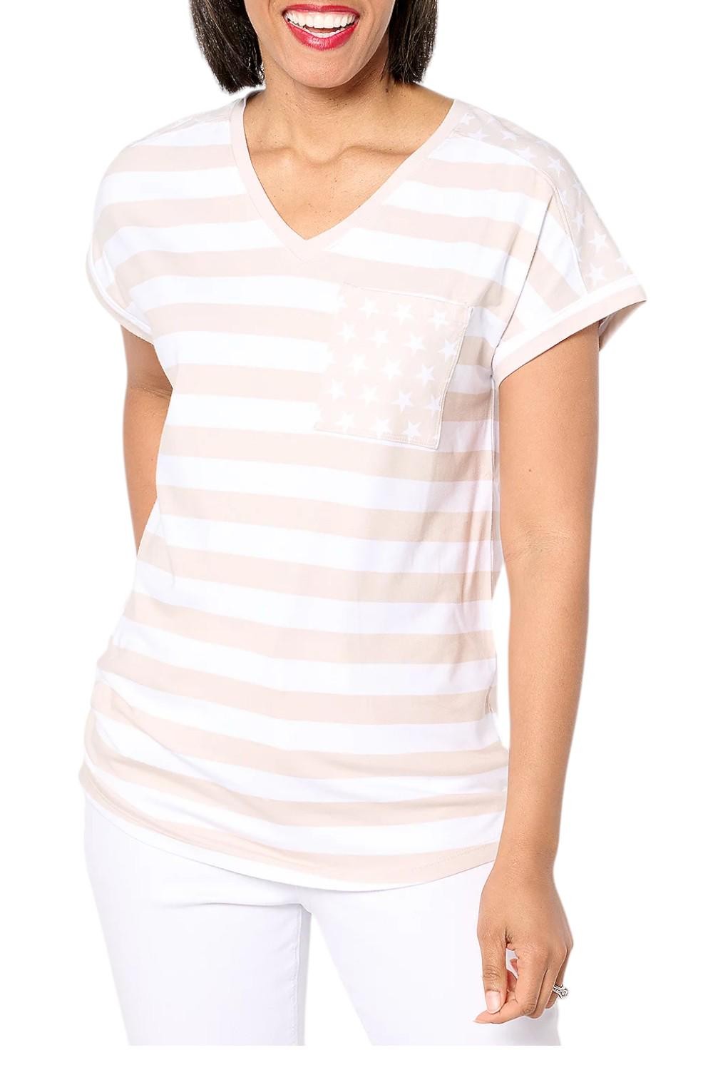 Denim & Co. Женский топ с V-образным вырезом Americana Stars & Stripes Stone