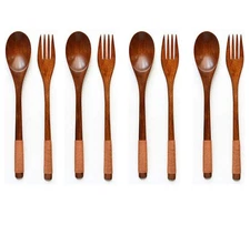 Wooden 9 inch Japanese Spoon Fork Set Kitchen Tableware Dinnerware Flatware N...