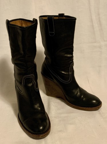 Frye "Caroline" Black Leather Mid-Calf Wedge Heel Boots, Size 7.5