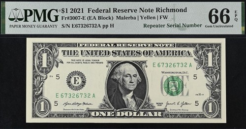 2021 $1 FRN PMG 66EPQ - Matching Radar Repeater Same Digit # 67322376 67326732 - Picture 8 of 9