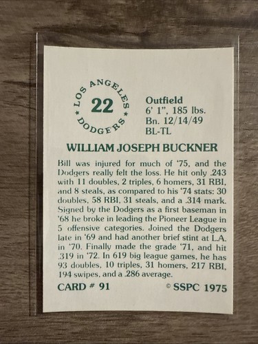 1975-1976 SSPC #91  Bill Buckner  LOS ANGELES DODGERS  NM  A - Picture 2 of 2