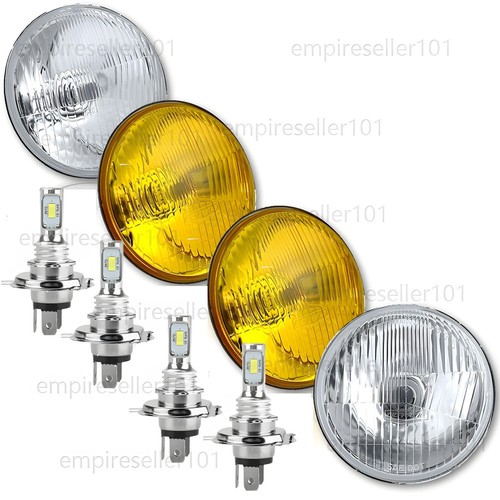 5-3/4" LED Headlight Crystal Clear Headlight Amber Yellow Glass H4 Bulbs Set - Picture 1 of 16