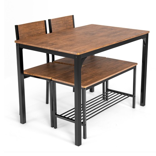 Costway 4pcs Dining Table Set Rustic Desk 2 Chairs & Bench w/ Storage Rack Brown - Picture 11 of 11