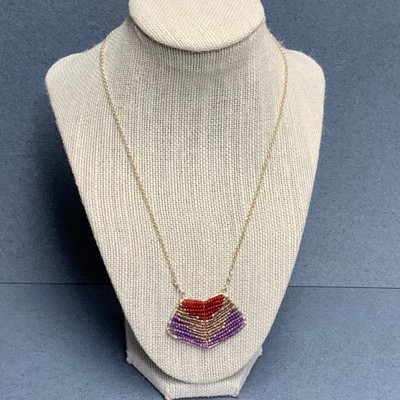 Nakamol Seed Bead Necklace 18 In Silver Chain Pendant Red Grey Purple Retro Boho