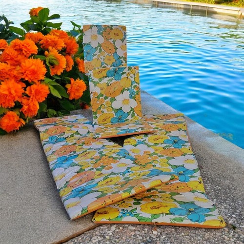 70s Vinyl Outdoor Furniture Cushions: 2 Chair & 2 Chaise Lounge Covers Flowers